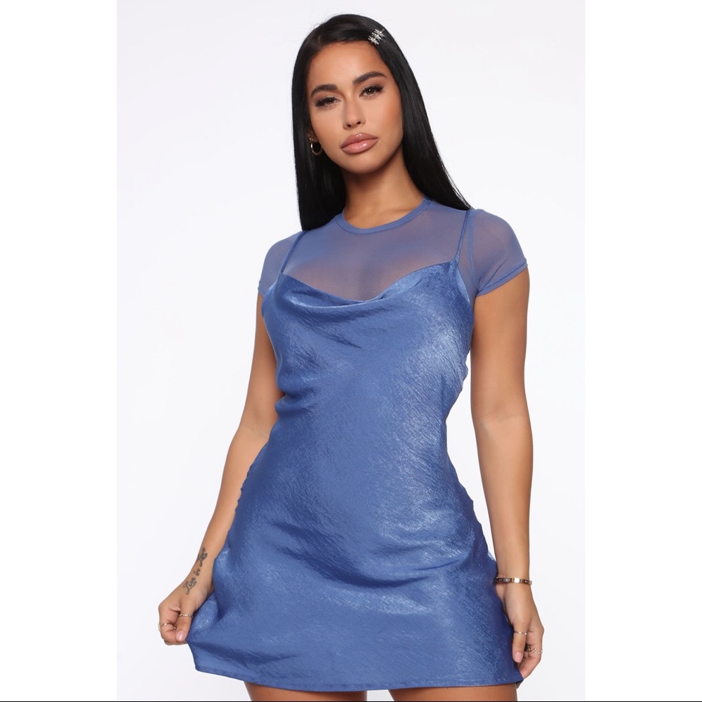Blue Satin Mini Slip Dress